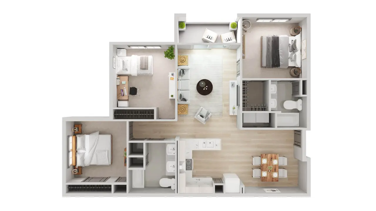 3D floor plan rendering of a modern property